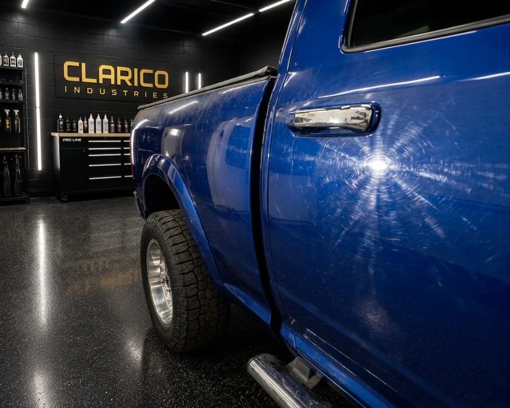 Paint correction on blue truck with swirl marks removed, before